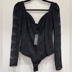 NWT Lulus Black‎ Lace V-Neck Long Sleeve Bodysuit
